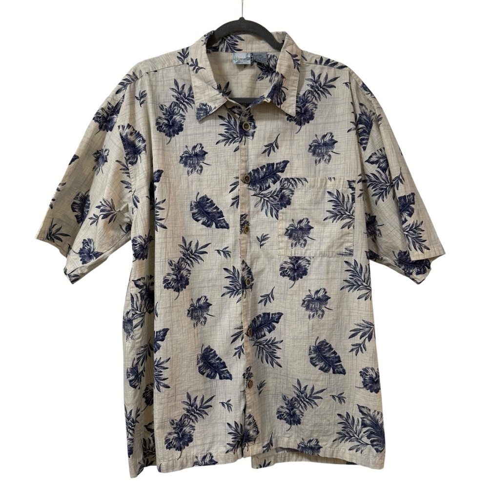 Vintage OP Ocean Pacific Hawaiian button down shirt size XL beige floral palm